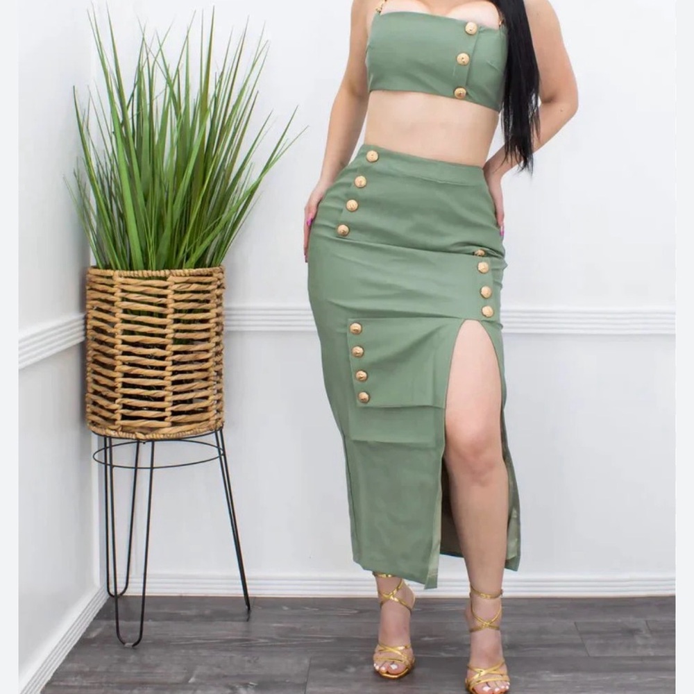 City Slick PU Crop Top & Slit Tube Skirt (Green)